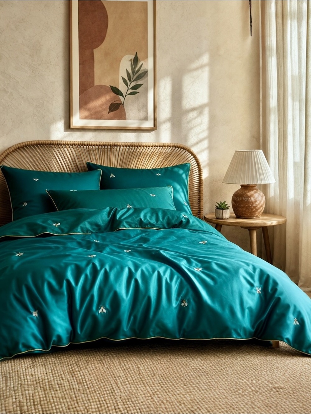 NEW Anthro Emerald Green Bee Boho Queen / King Size Bedding Duvet Sham Case Set